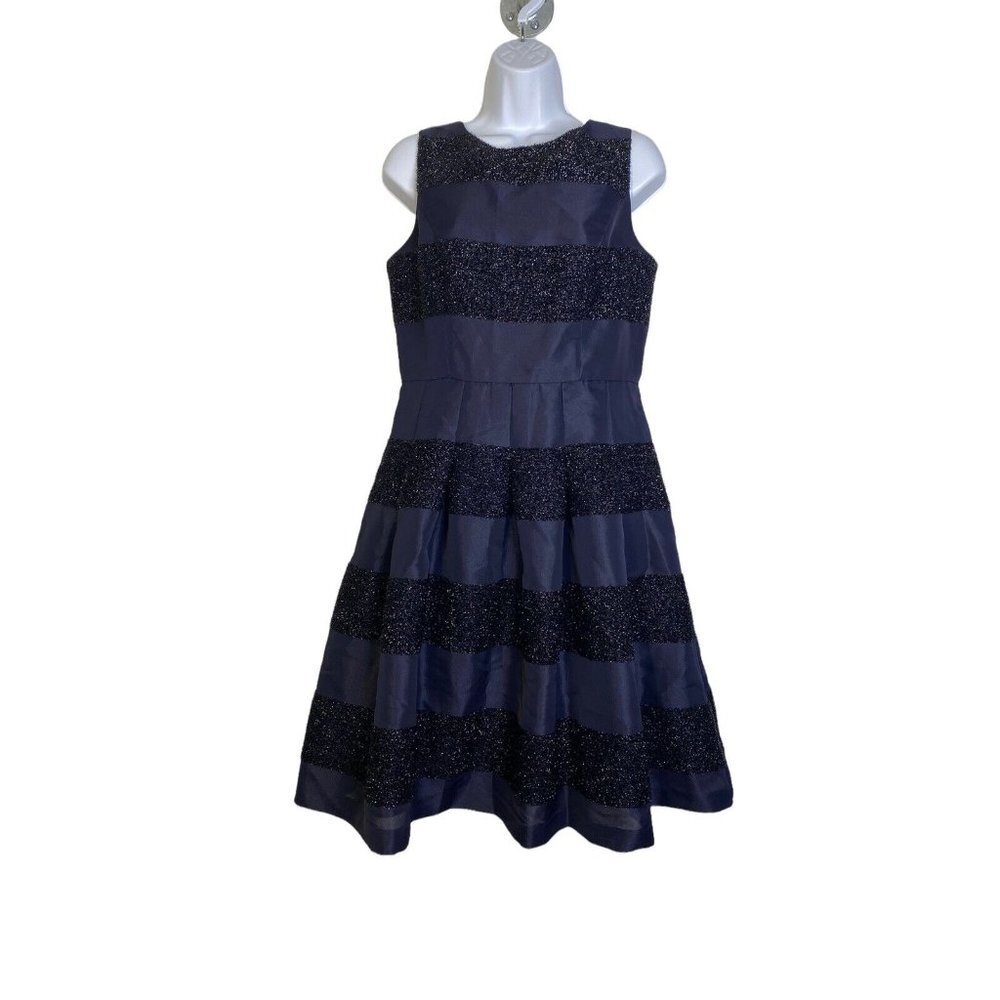 Tommy Hilfiger Womens A Line Dress Navy Striped Pleated Shimmer Sleeveless SZ 6